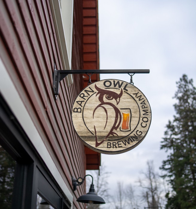 Barn Owl Brewing signage outside of the Kelowna brewery space
